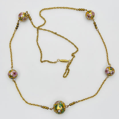 Cloisonné necklace and earring set with floral enamel beads in pink, blue, and green