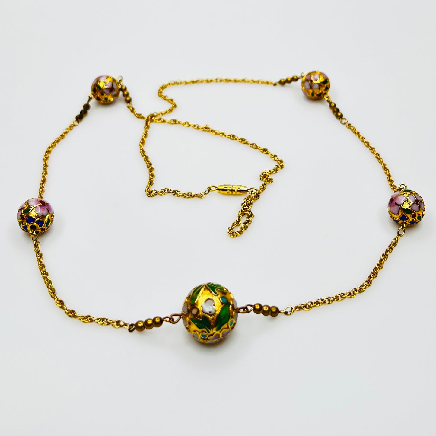 Cloisonné necklace and earring set with floral enamel beads in pink, blue, and green