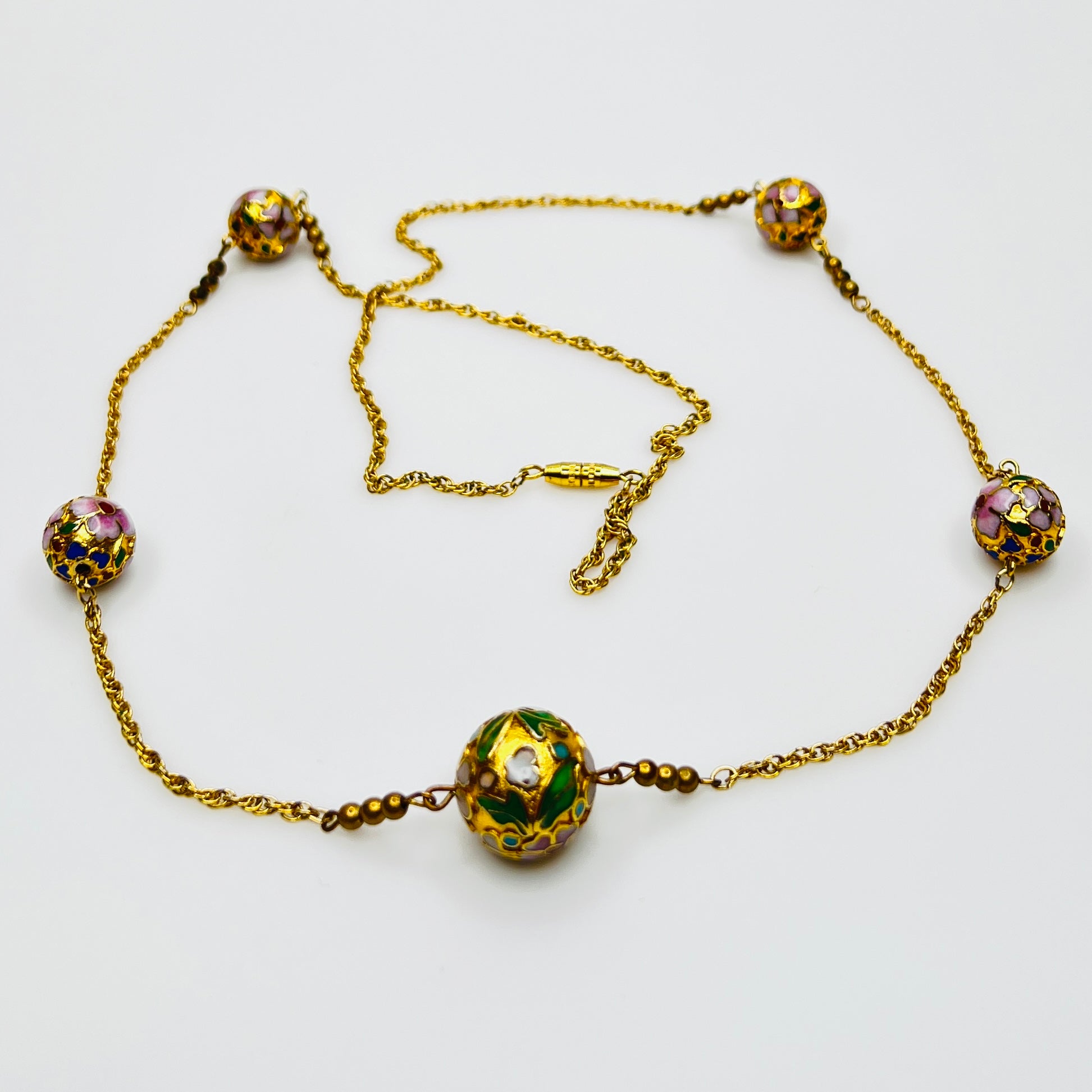 Cloisonné necklace and earring set with floral enamel beads in pink, blue, and green
