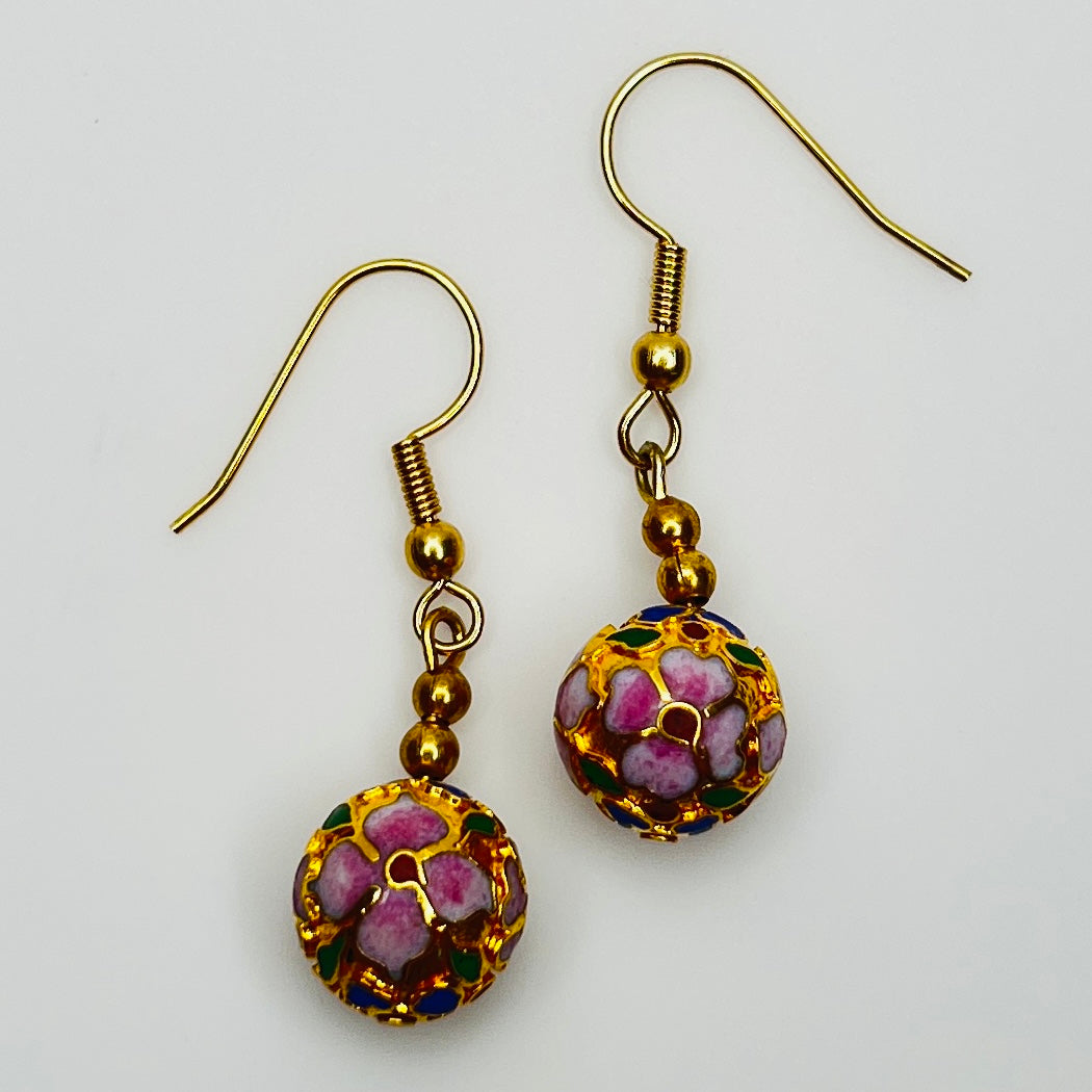 Cloisonné necklace and earring set with floral enamel beads in pink, blue, and green