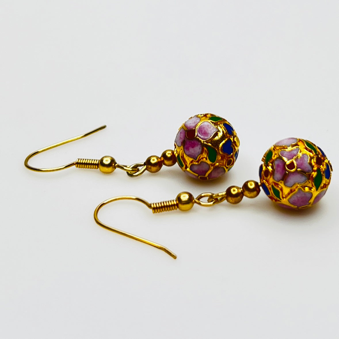 Cloisonné necklace and earring set with floral enamel beads in pink, blue, and green