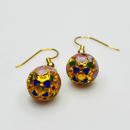 Cloisonné necklace and earring set with floral enamel beads in pink, blue, and green