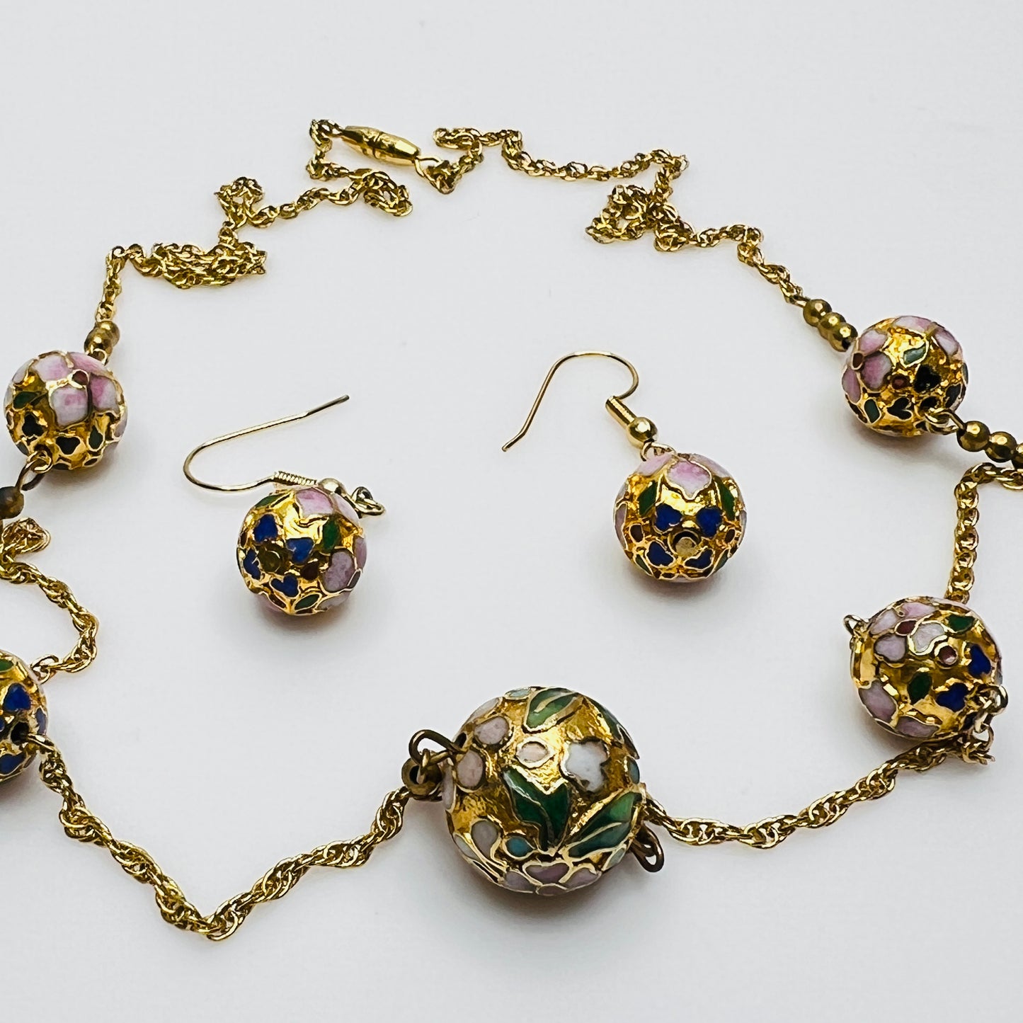 Cloisonné necklace and earring set with floral enamel beads in pink, blue, and green