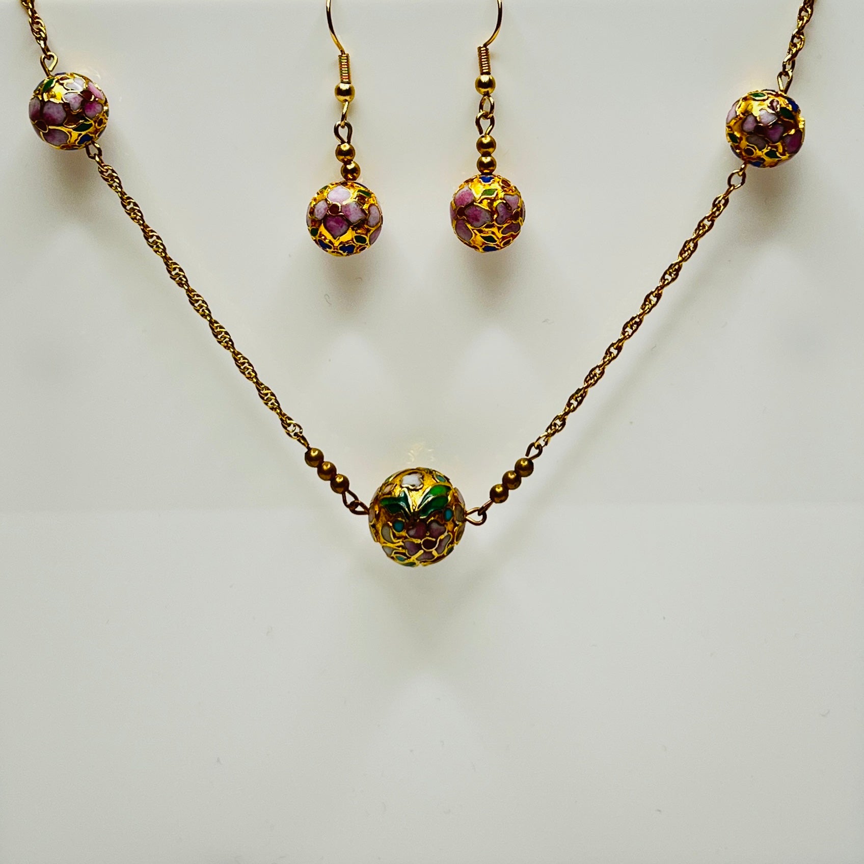 Cloisonné necklace and earring set with floral enamel beads in pink, blue, and green