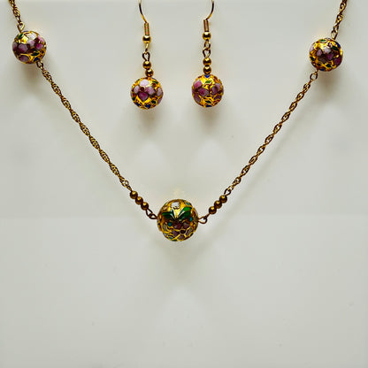 Cloisonné necklace and earring set with floral enamel beads in pink, blue, and green