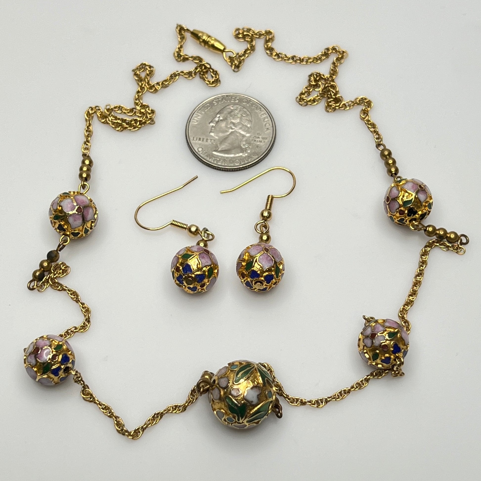 Cloisonné necklace and earring set with floral enamel beads in pink, blue, and green