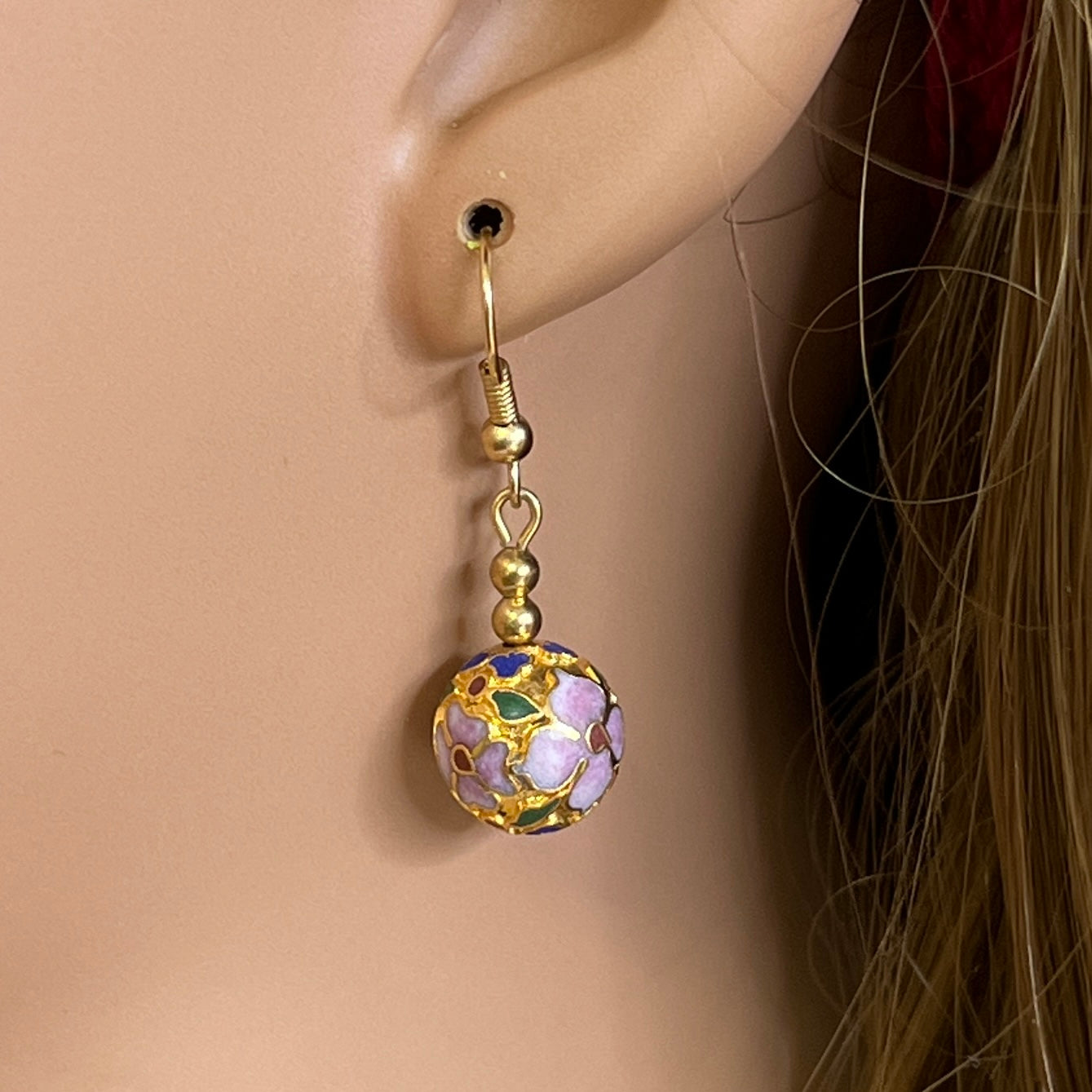 Gold-tone dangle earrings with floral cloisonné beads and ear wires