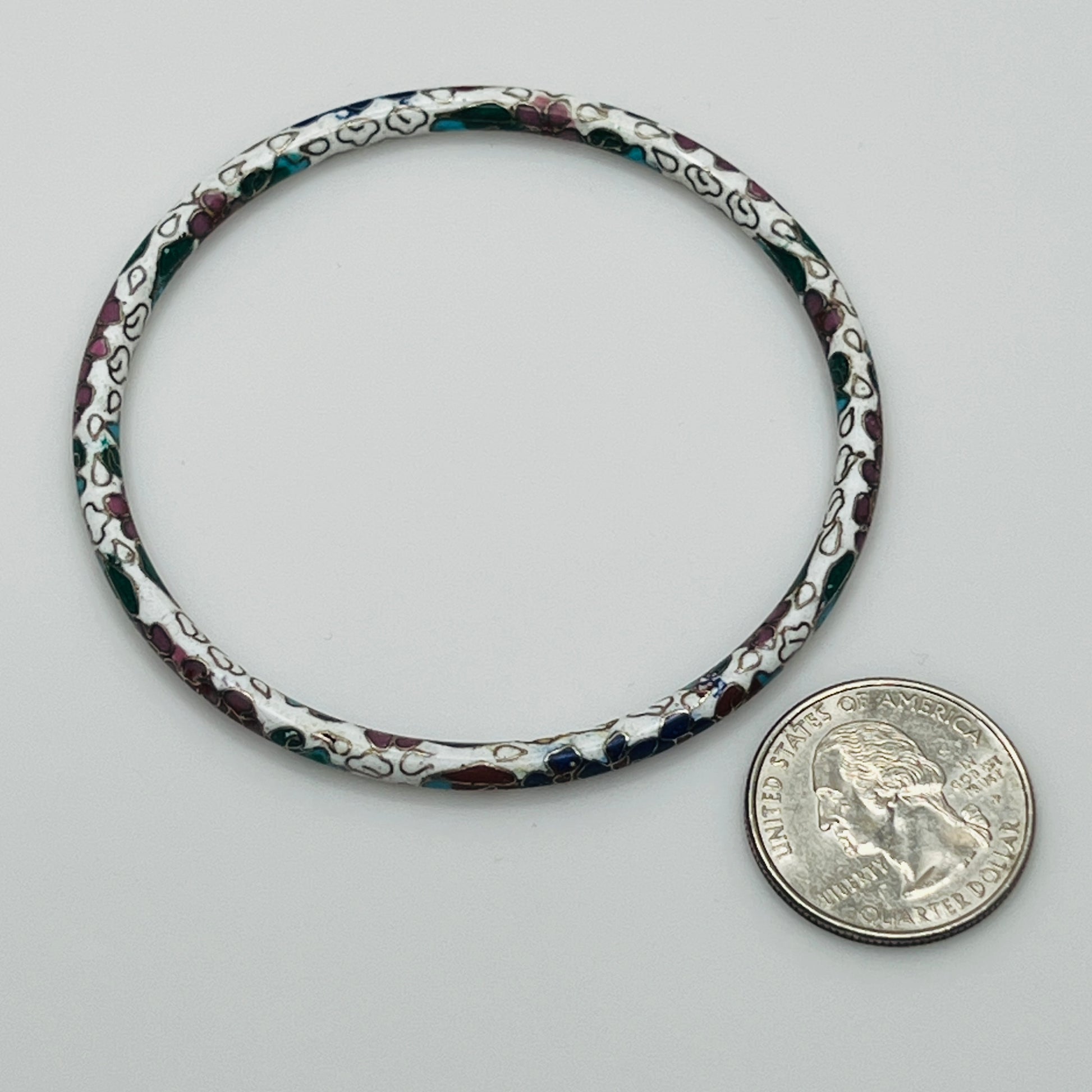1970s enamel bangle with multicolor cloisonné flowers, inside and out