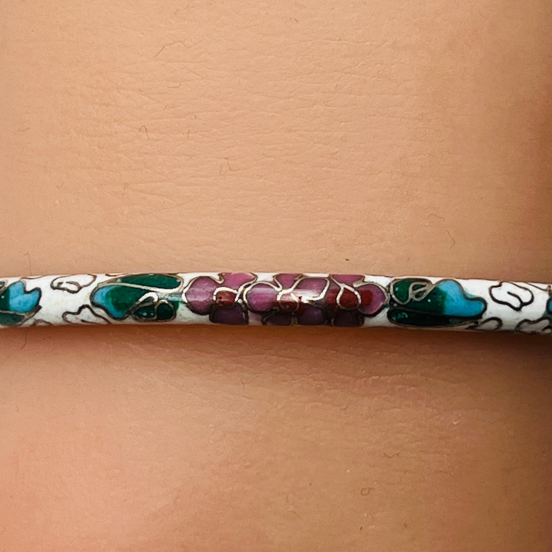 1970s enamel bangle with multicolor cloisonné flowers, inside and out