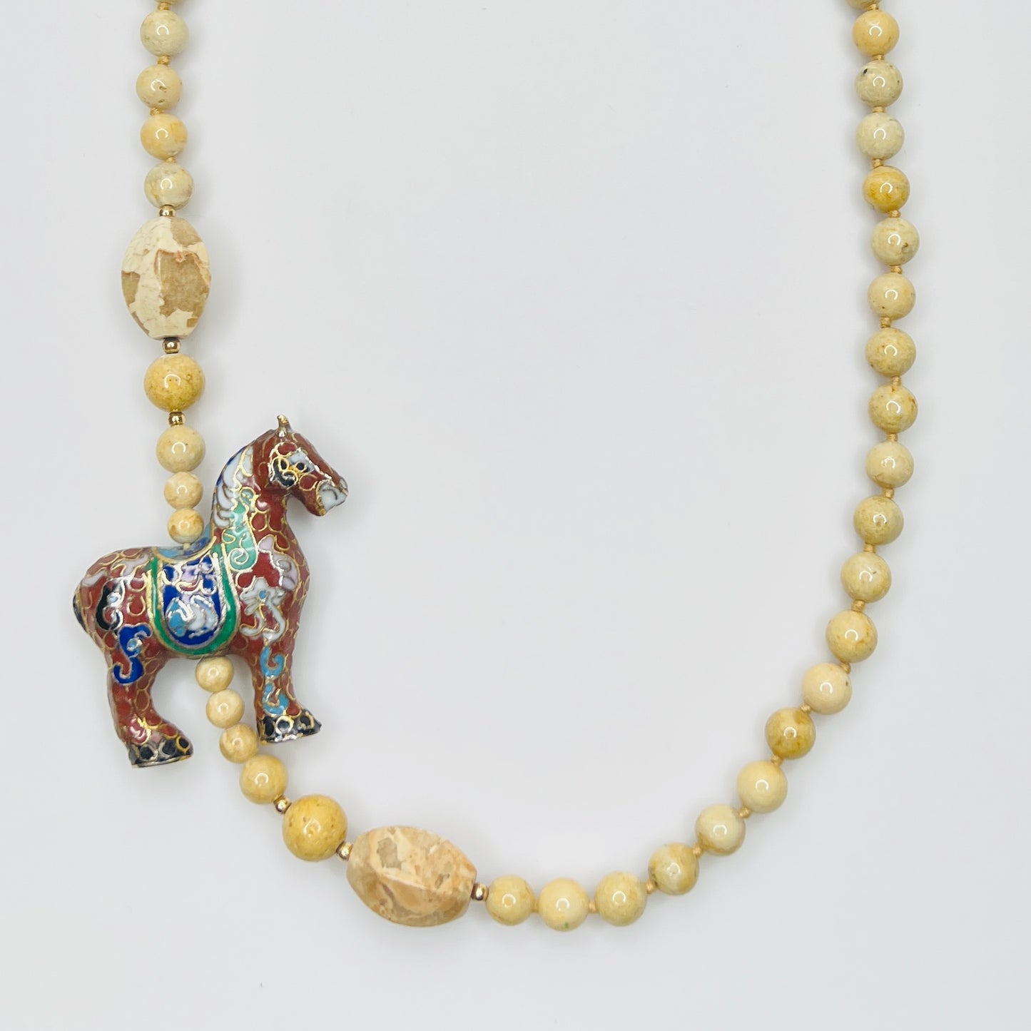 Long river stone bead necklace with red cloisonné horse pendant, boho vintage style