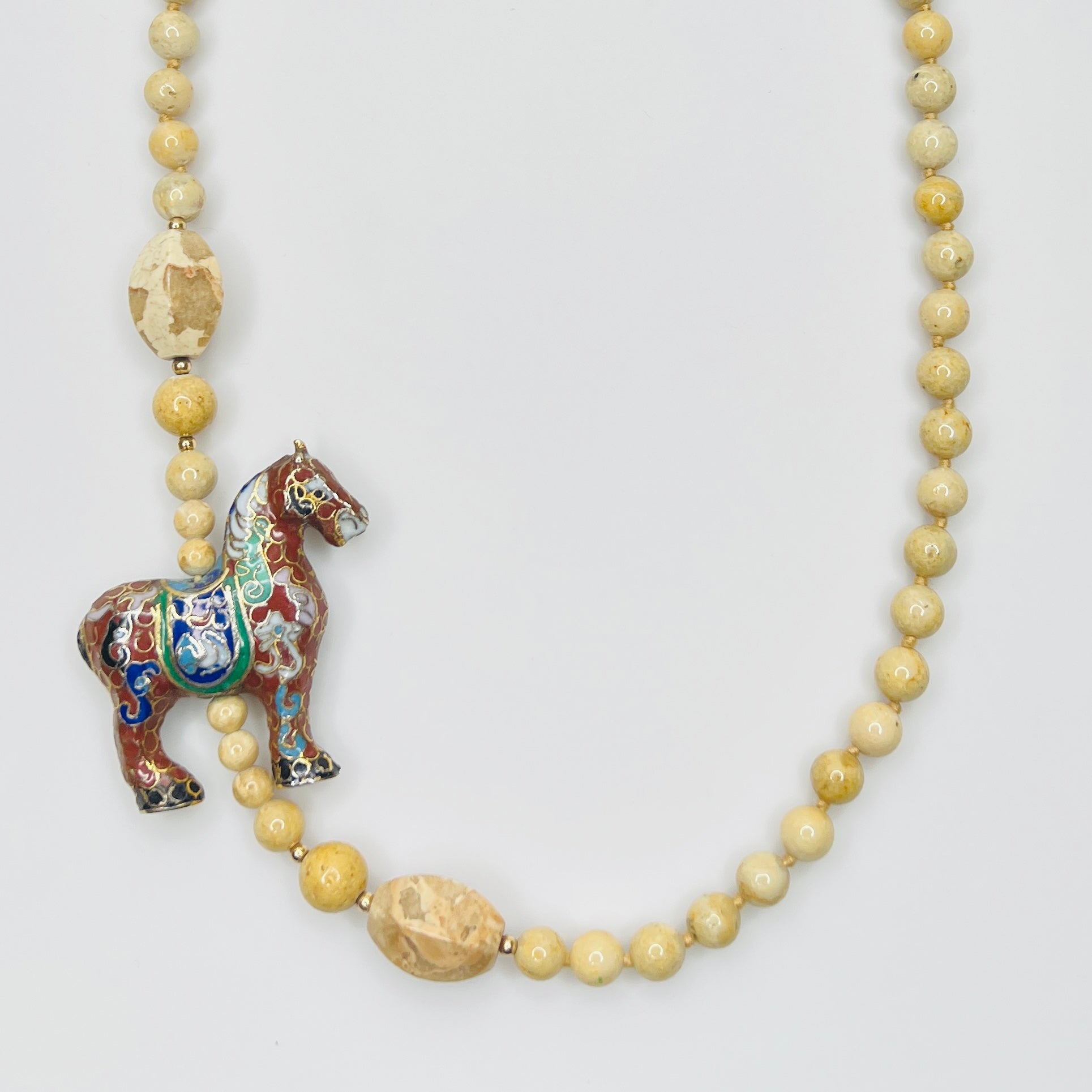 Long river stone bead necklace with red cloisonné horse pendant, boho vintage style