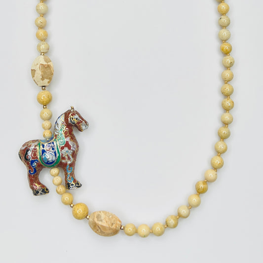 Long river stone bead necklace with red cloisonné horse pendant, boho vintage style