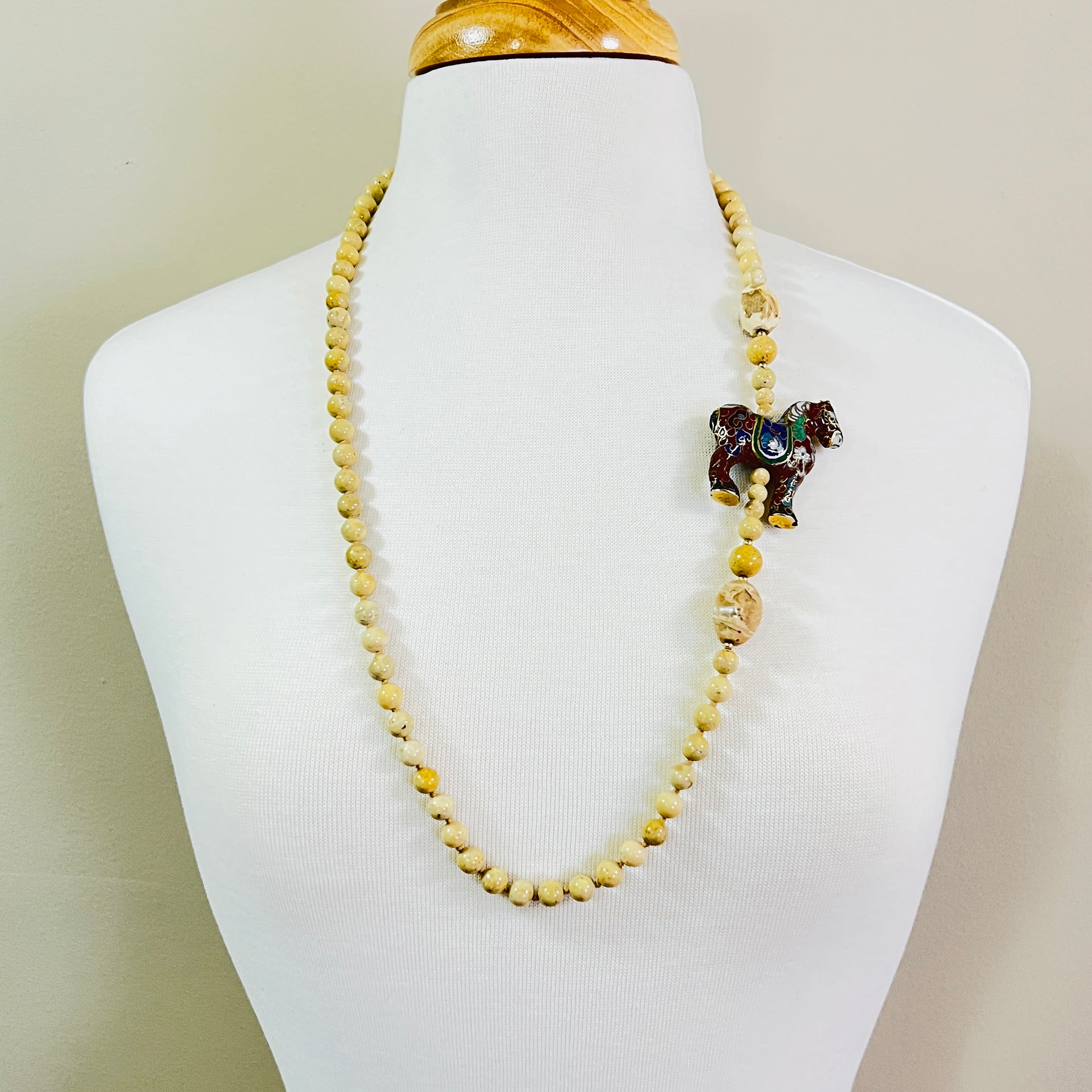 Long river stone bead necklace with red cloisonné horse pendant, boho vintage style