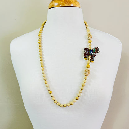 Long river stone bead necklace with red cloisonné horse pendant, boho vintage style