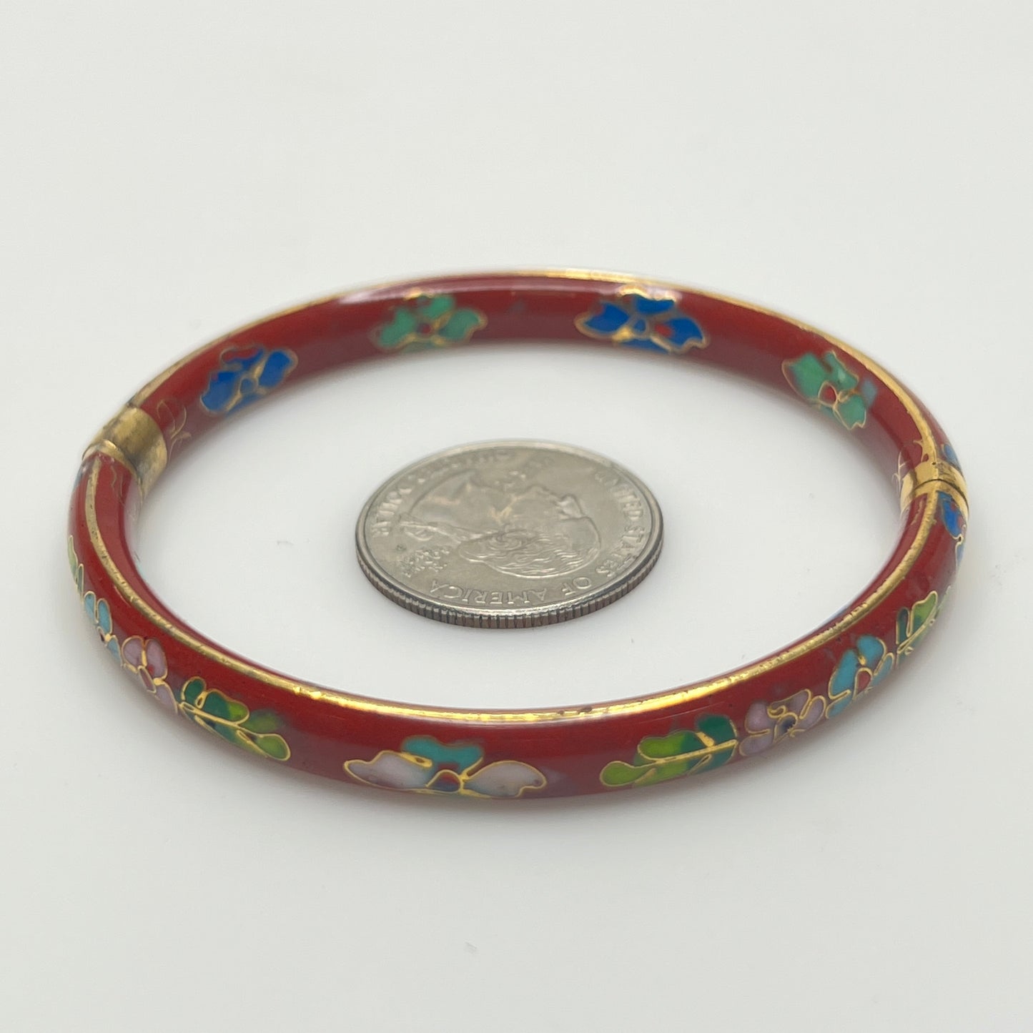 Vintage red cloisonné bangle bracelet with floral design