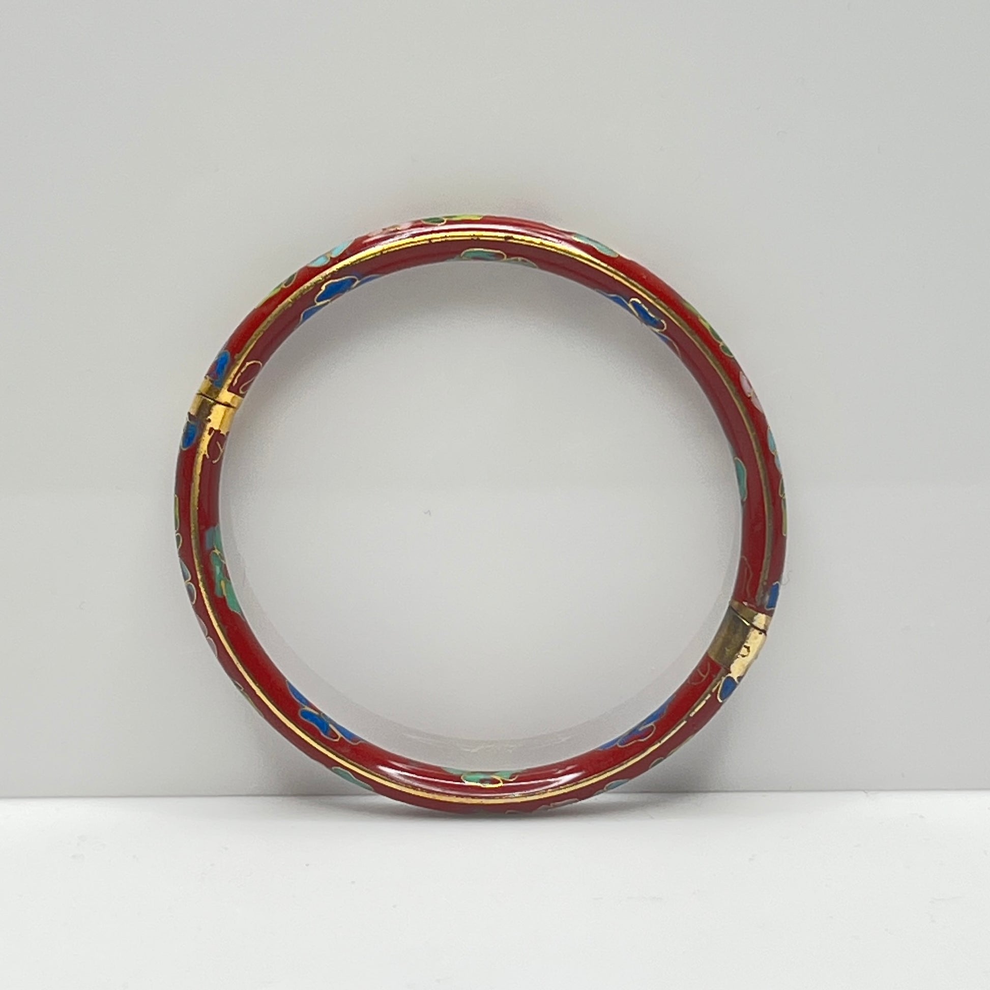 Vintage red cloisonné bangle bracelet with floral design