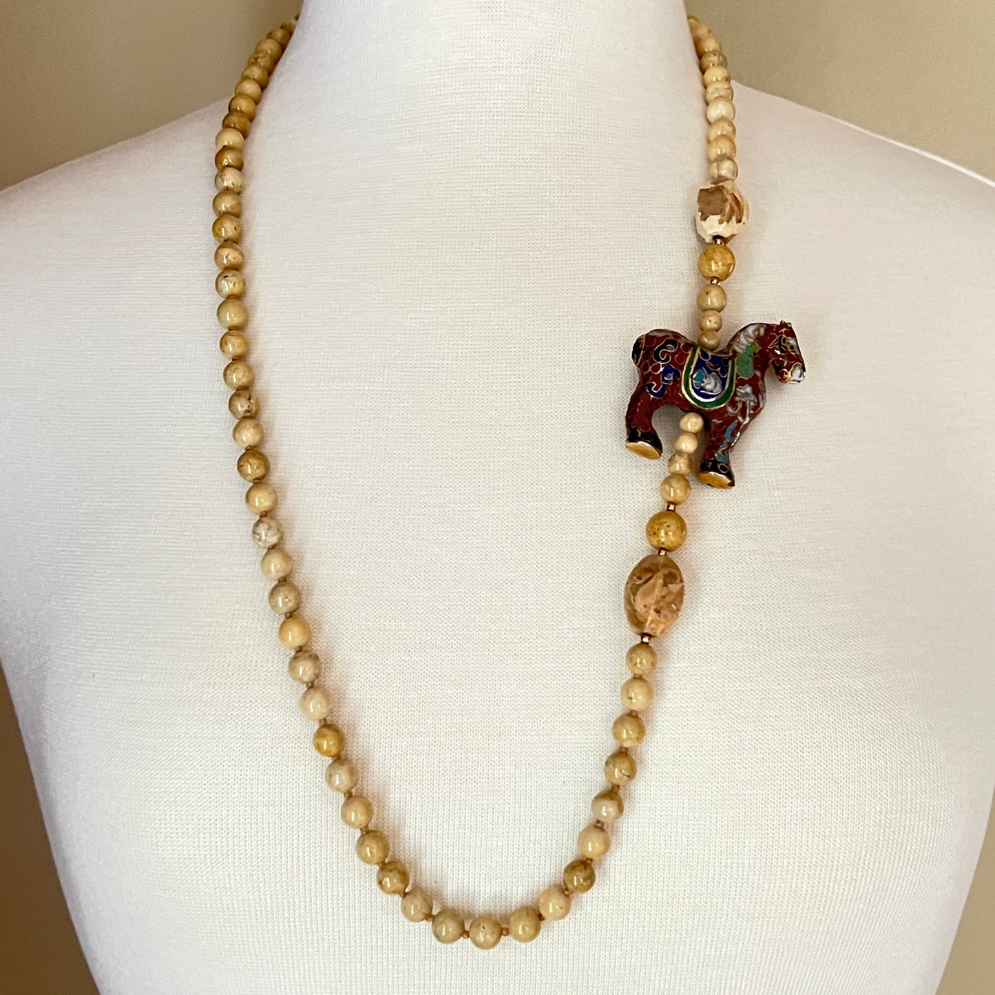 Long river stone bead necklace with red cloisonné horse pendant, boho vintage style