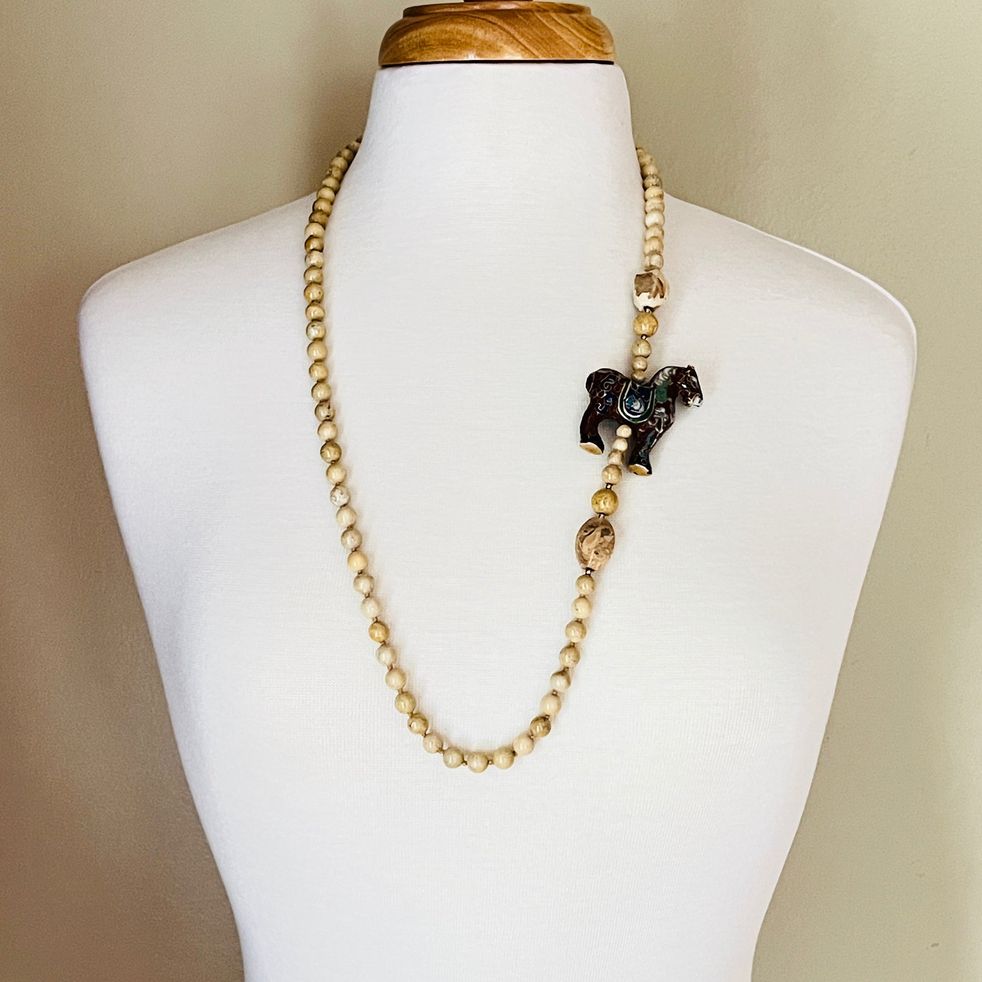 Long river stone bead necklace with red cloisonné horse pendant, boho vintage style