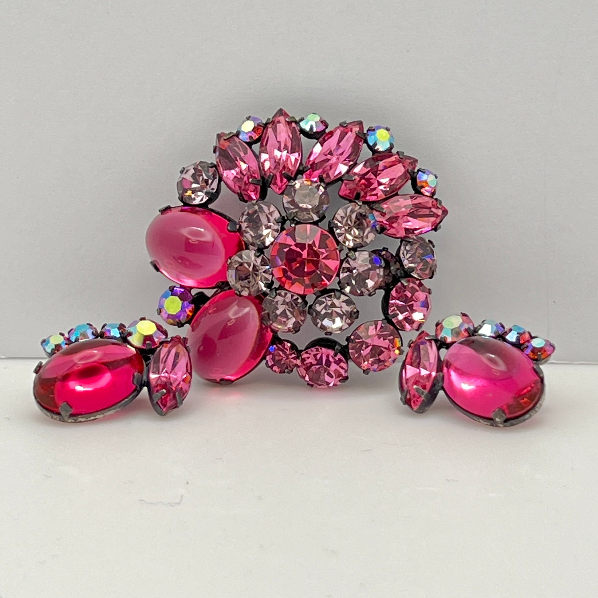 Vintage Coro brooch and clip-on earring set with hot pink rhinestones