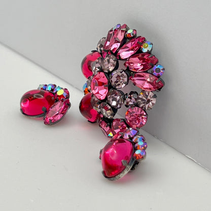 Vintage Coro brooch and clip-on earring set with hot pink rhinestones