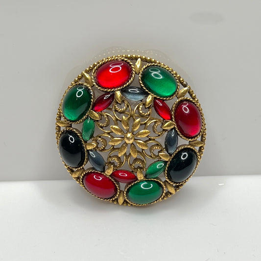 Vintage CoroCraft round brooch with colorful glass cabochons in gold-tone filigree setting