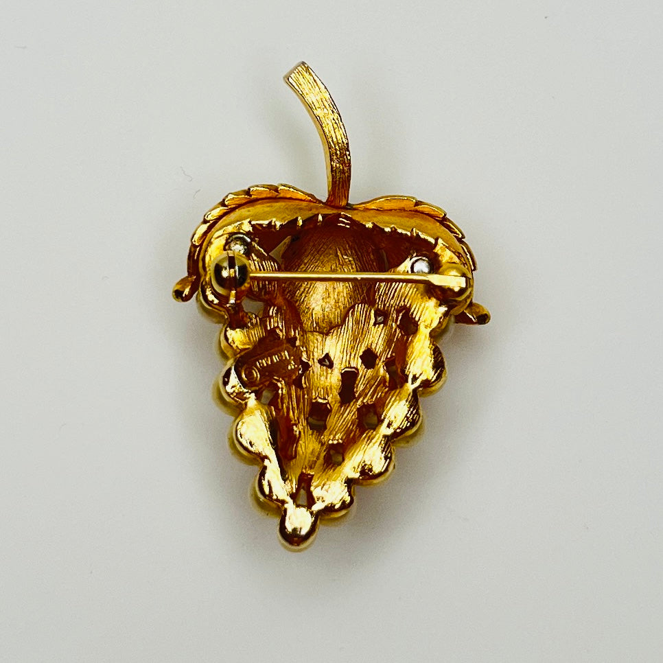 Mid century gold and faux pearl grape pin 1.75 inches