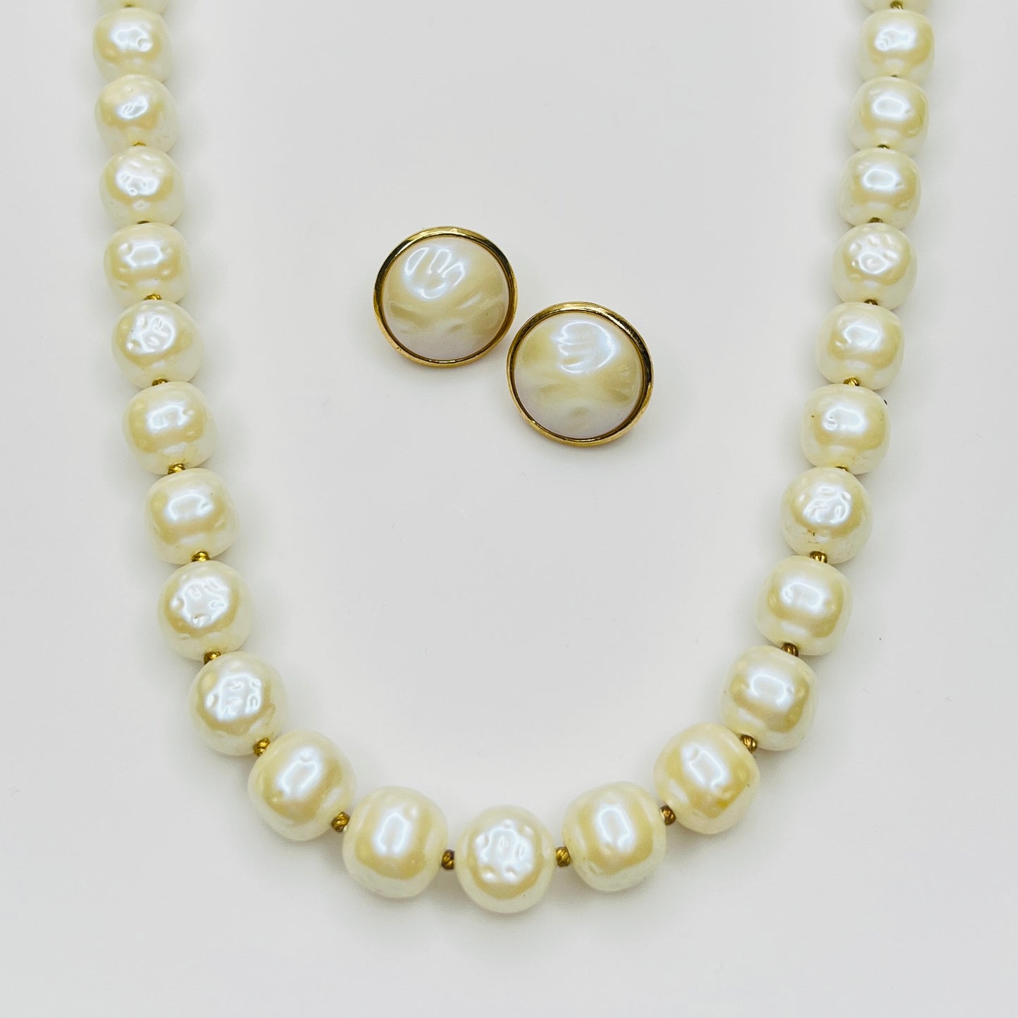 Vintage Crown Trifari faux pearl necklace and earrings jewelry set