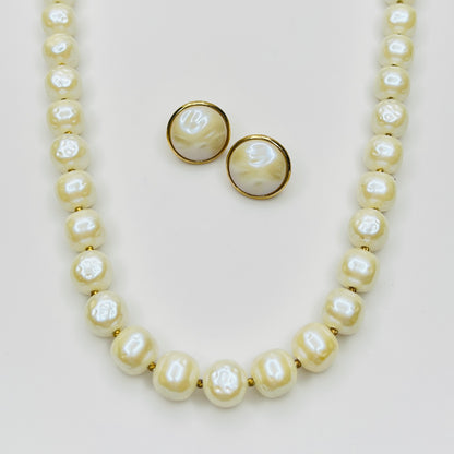 Vintage Crown Trifari faux pearl necklace and earrings jewelry set
