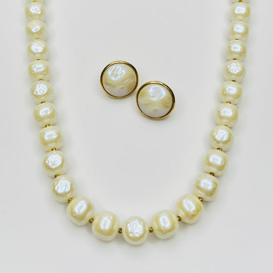 Vintage Crown Trifari faux pearl necklace and earrings jewelry set