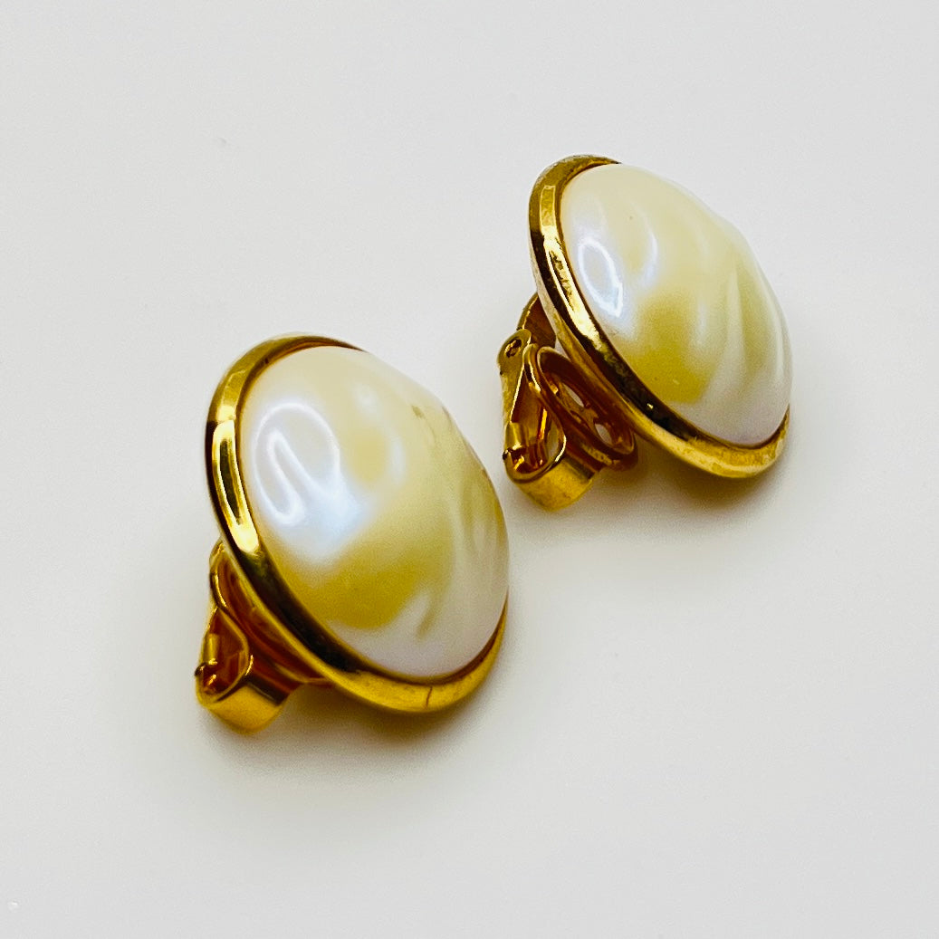 Vintage Trifari faux pearl clip earrings gold tone setting
