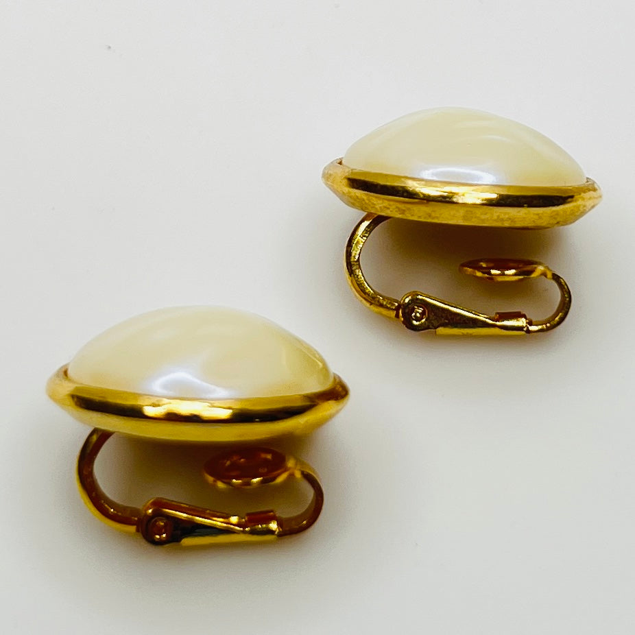 Vintage Trifari faux pearl clip earrings gold tone setting