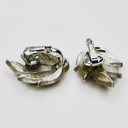 Side view Crown Trifari silver tone layered leaf clip earrings
