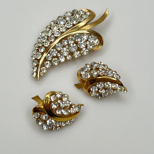 Vintage gold-tone Trifari leaf brooch and rhinestone earrings set