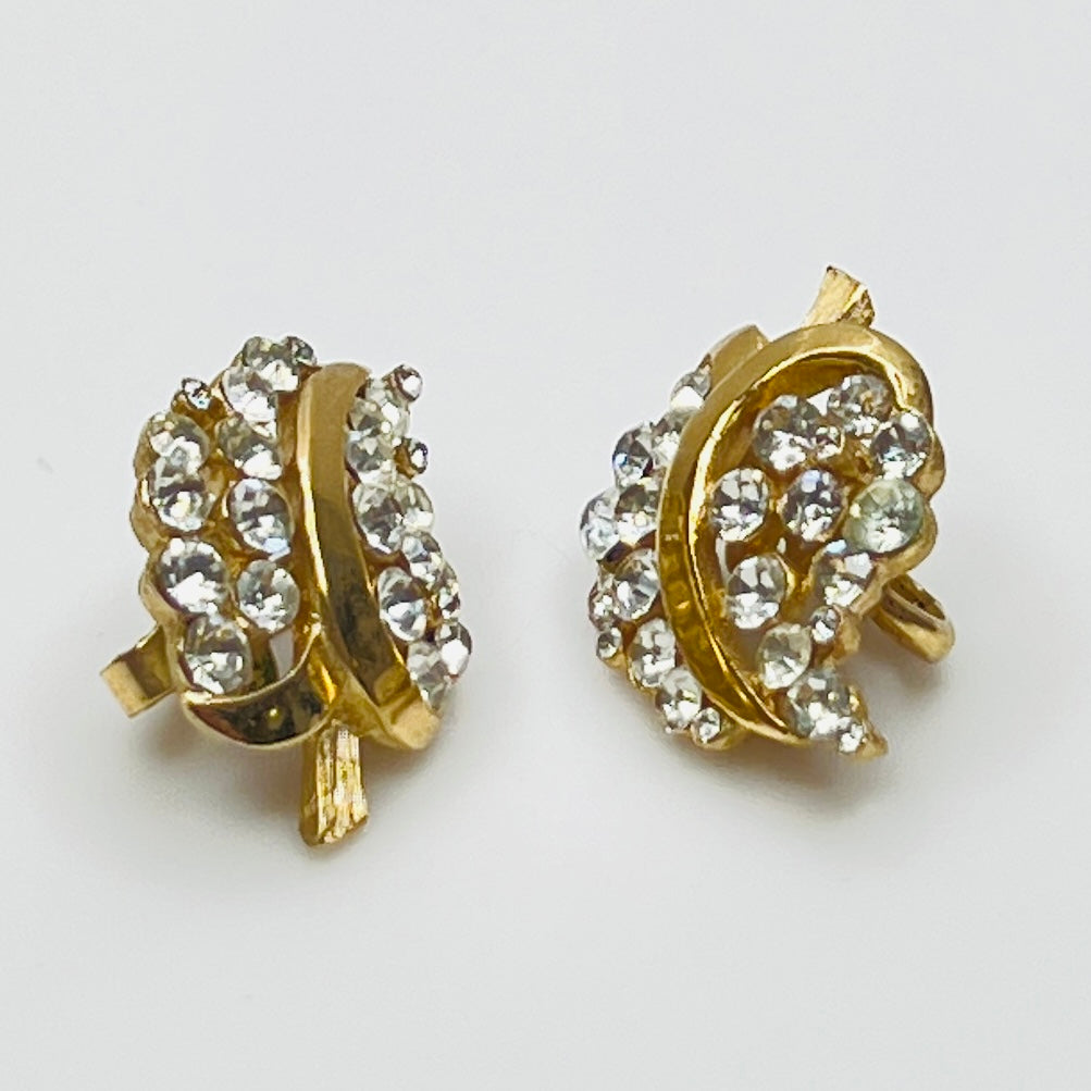 Pair of Crown Trifari rhinestone clip-on earrings with gold-tone finish