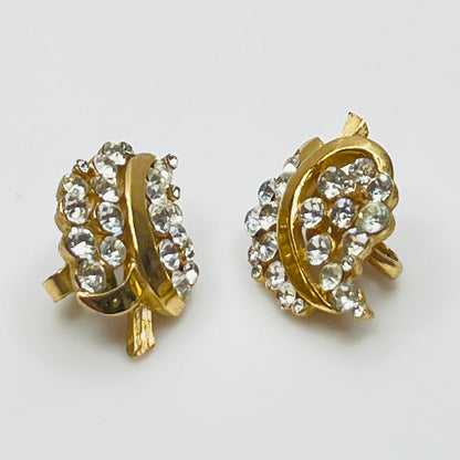 Pair of Crown Trifari rhinestone clip-on earrings with gold-tone finish