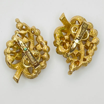 Pair of Crown Trifari rhinestone clip-on earrings with gold-tone finish