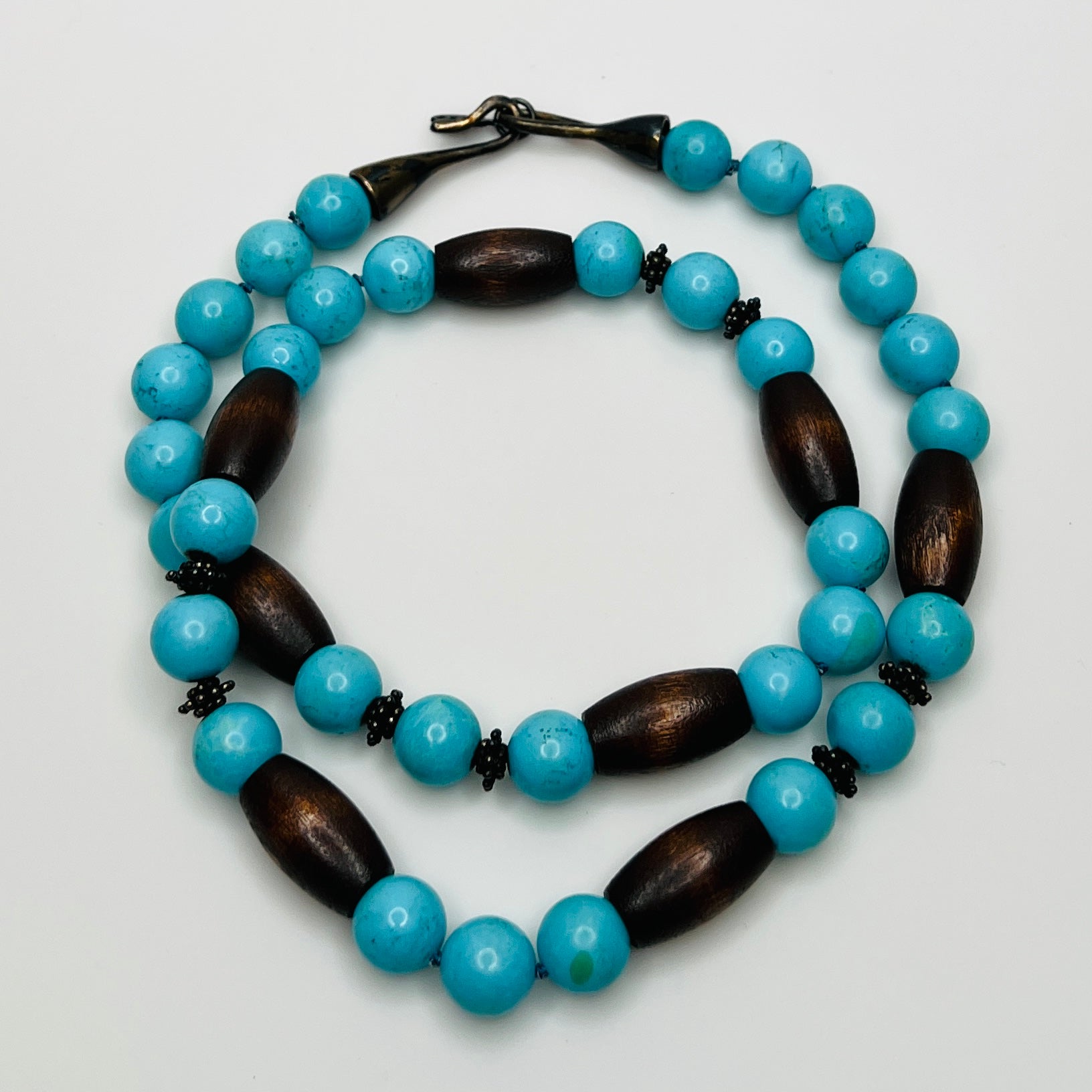 EXEX sterling silver and turquoise necklace with wood beads 