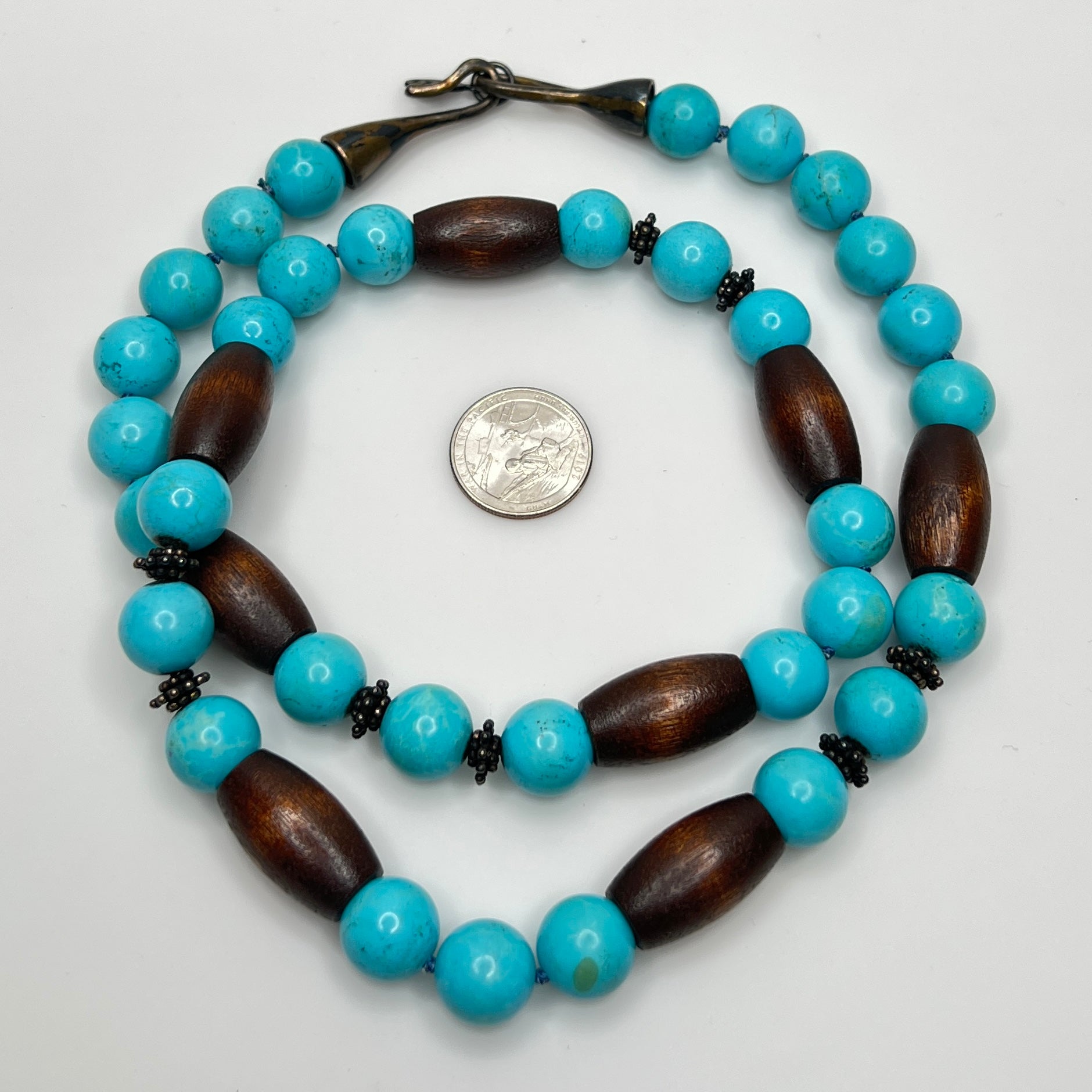 EXEX sterling silver and turquoise necklace with wood beads 