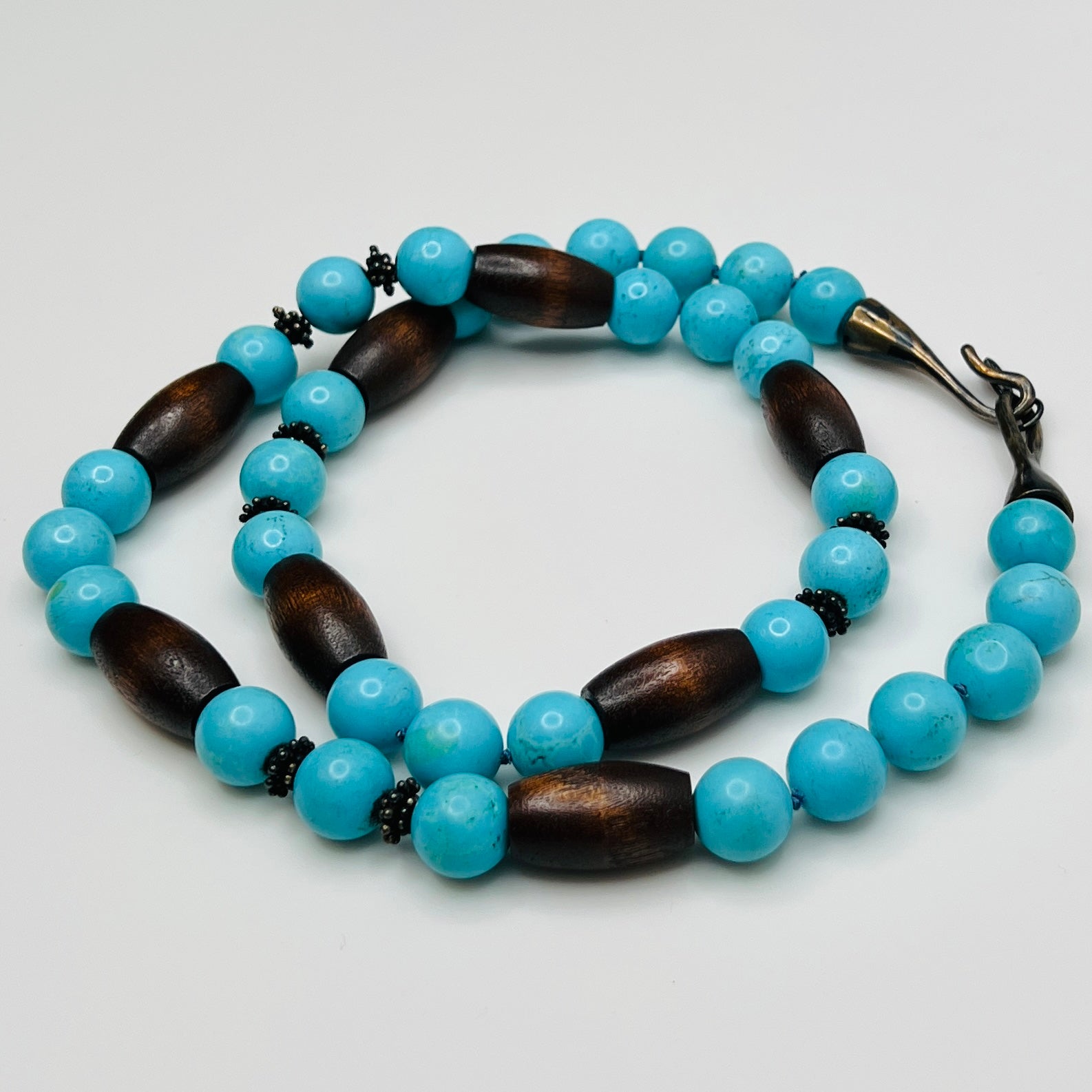 EXEX sterling silver and turquoise necklace with wood beads 