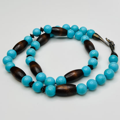 EXEX sterling silver and turquoise necklace with wood beads 