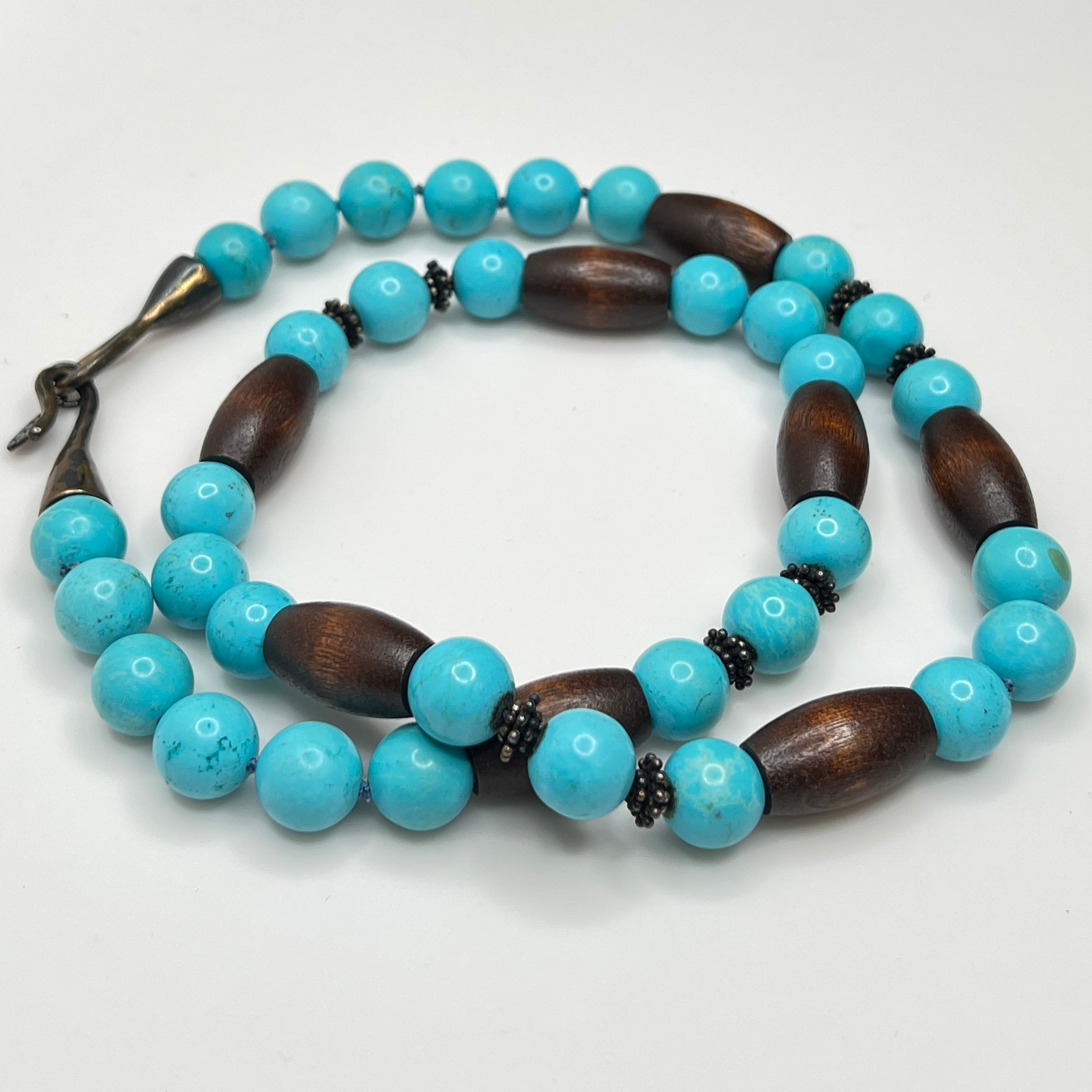 EXEX sterling silver and turquoise necklace with wood beads 