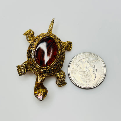 Vintage figural turtle brooch with glass tortoise shell top and filigree gold body