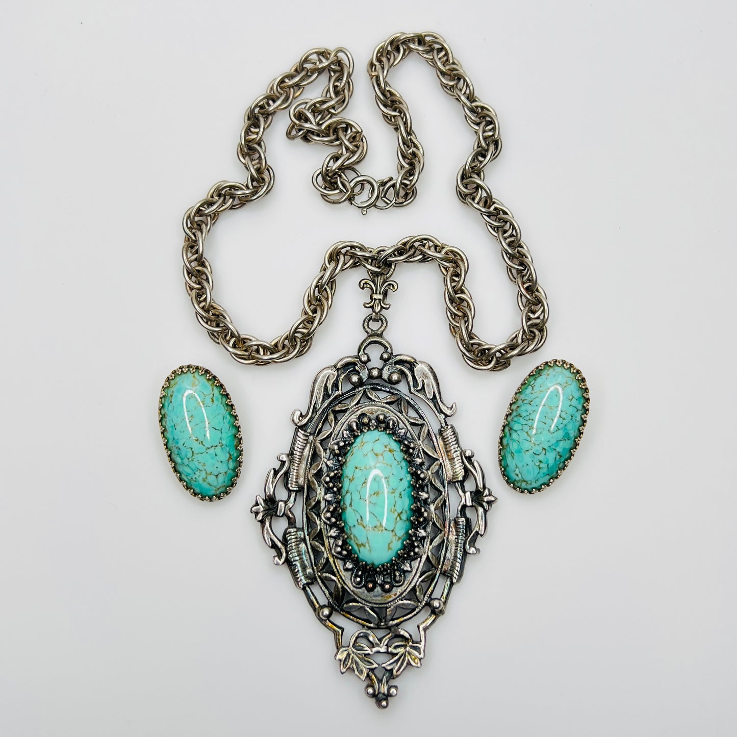 Ornate Victorian Revival pendant and earrings with oval faux turquoise cabochon