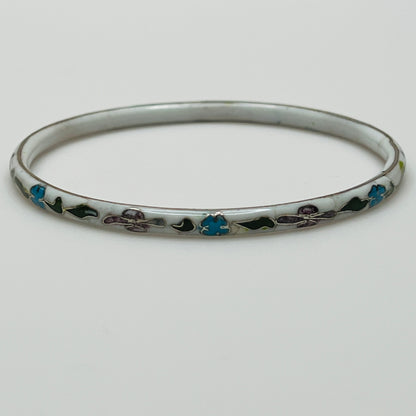 Vintage white cloisonné bangle bracelet with floral enamel design