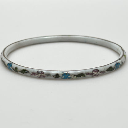 Vintage white cloisonné bangle bracelet with floral enamel design
