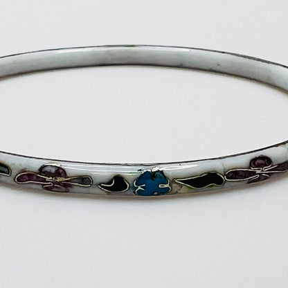Vintage white cloisonné bangle bracelet with floral enamel design
