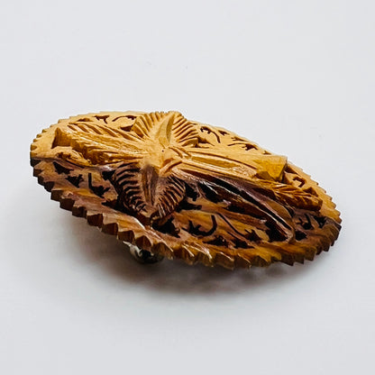 Vintage olive wood round botanical brooch 1.6 inches