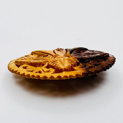 Vintage olive wood round botanical brooch 1.6 inches