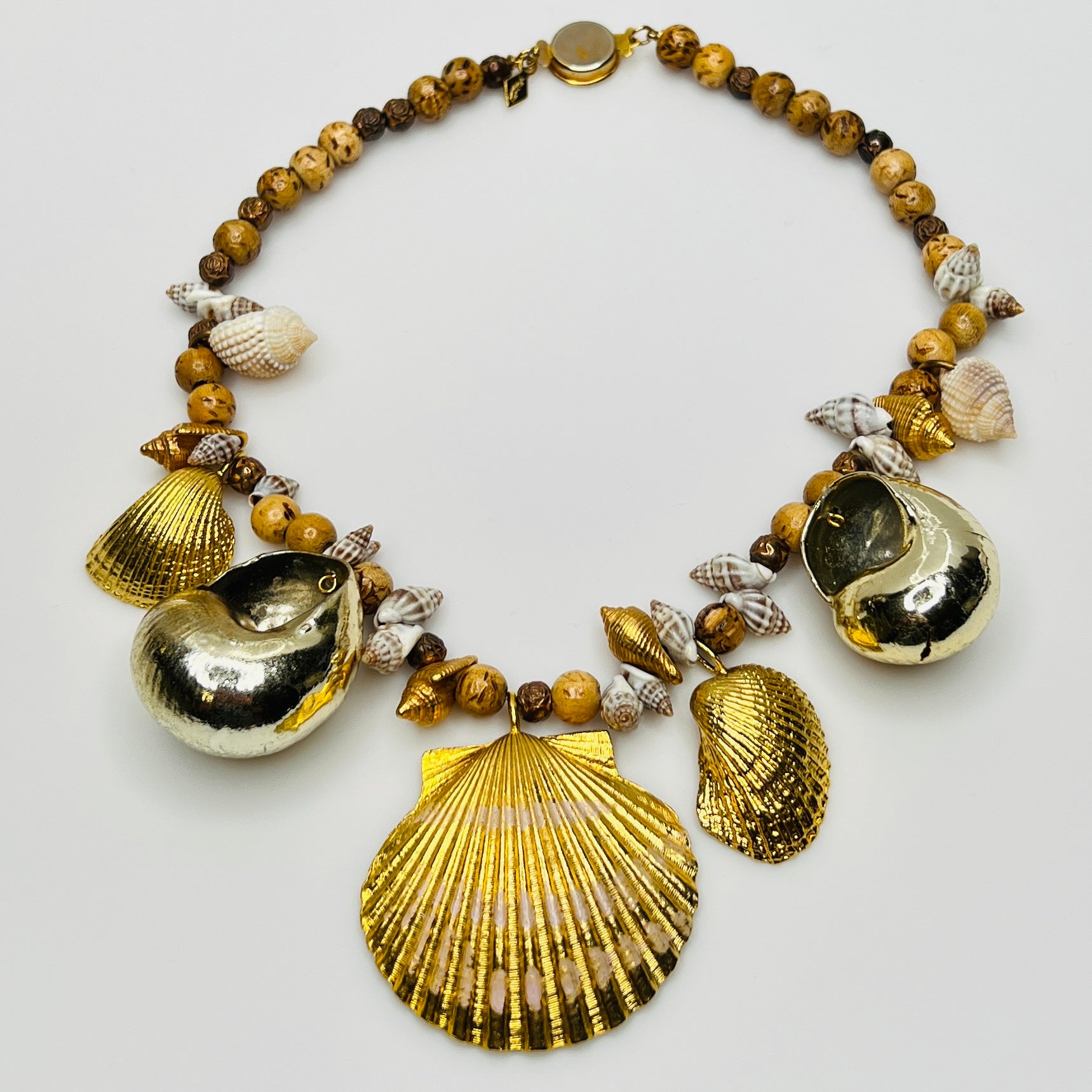 15-inch choker with real seashells, wood beads, and gold scallop pendant