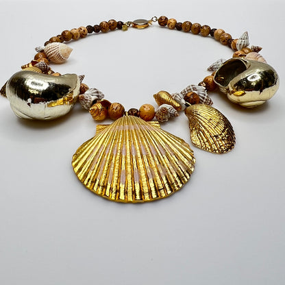 15-inch choker with real seashells, wood beads, and gold scallop pendant